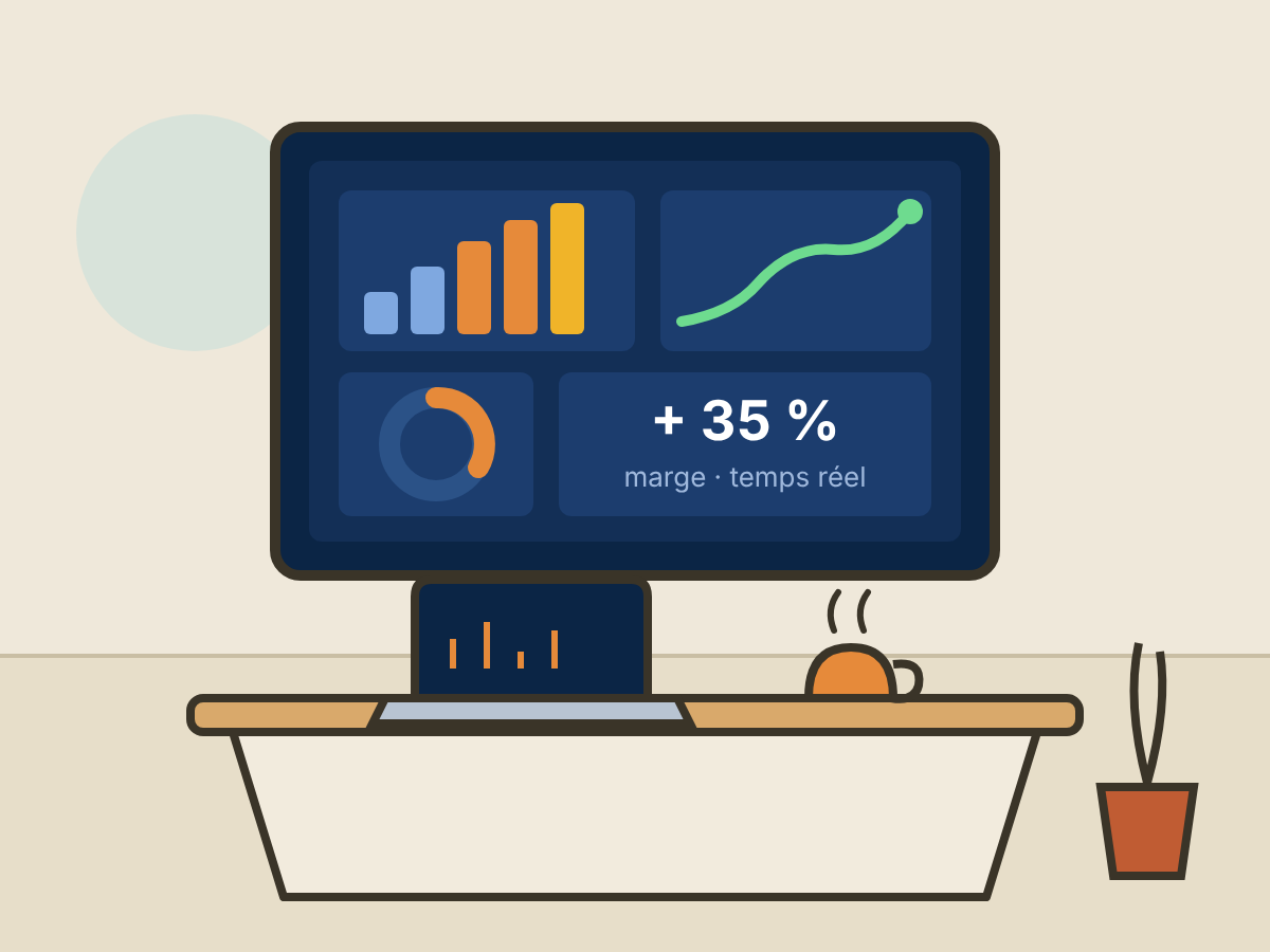 Tableaux de bord Power BI affichés sur grand écran dans un bureau